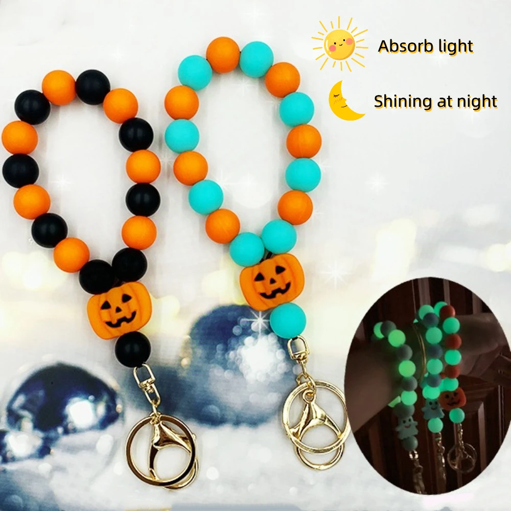 Pumpkin Luminous Ghost Keychain Silicone Anti-Loss Halloween Ghost Pendant Fluorescent Lobster Buckle Beads Keyring Unisex