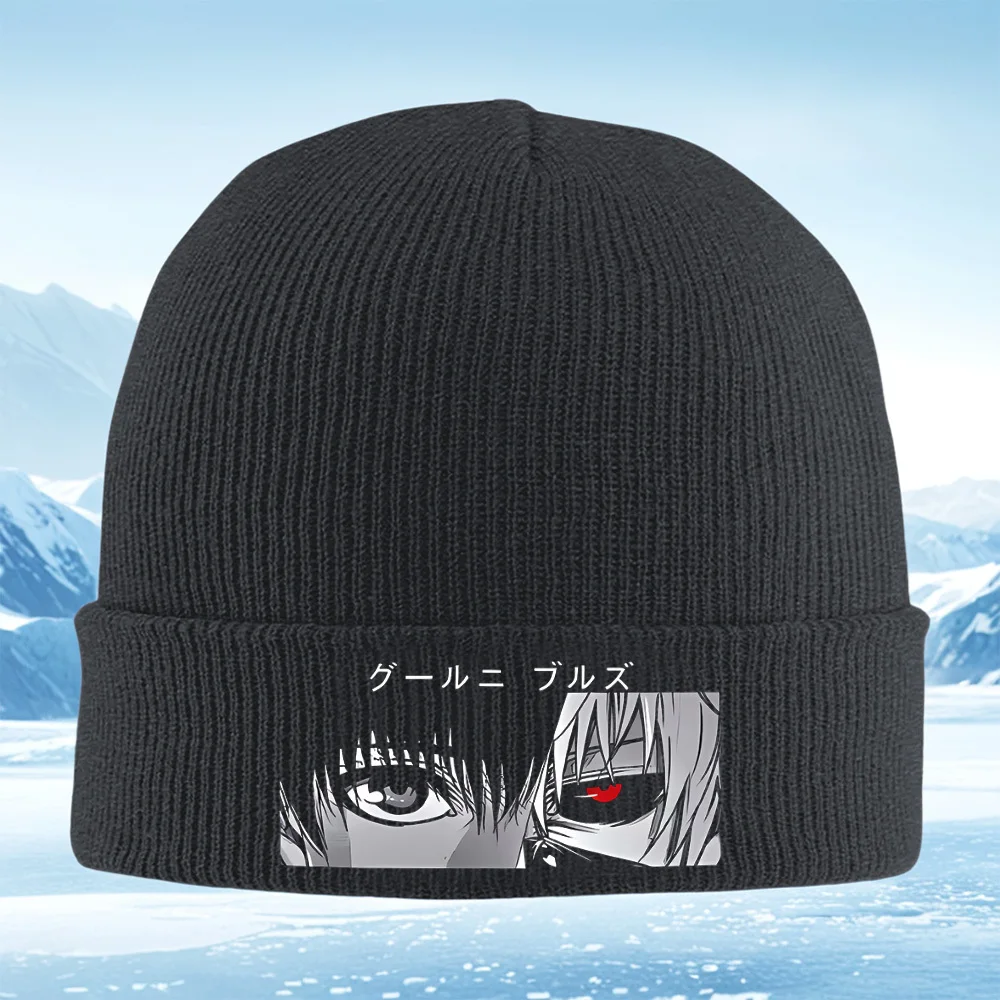 عيون الشعر الداكن العين الحمراء أنيمي الرجال النساء للجنسين محبوك قبعة قبعة صوفية قبعة الشتاء الحرارية الدافئة عيد الميلاد في الهواء الطلق ركوب الدراجات هيكي #1