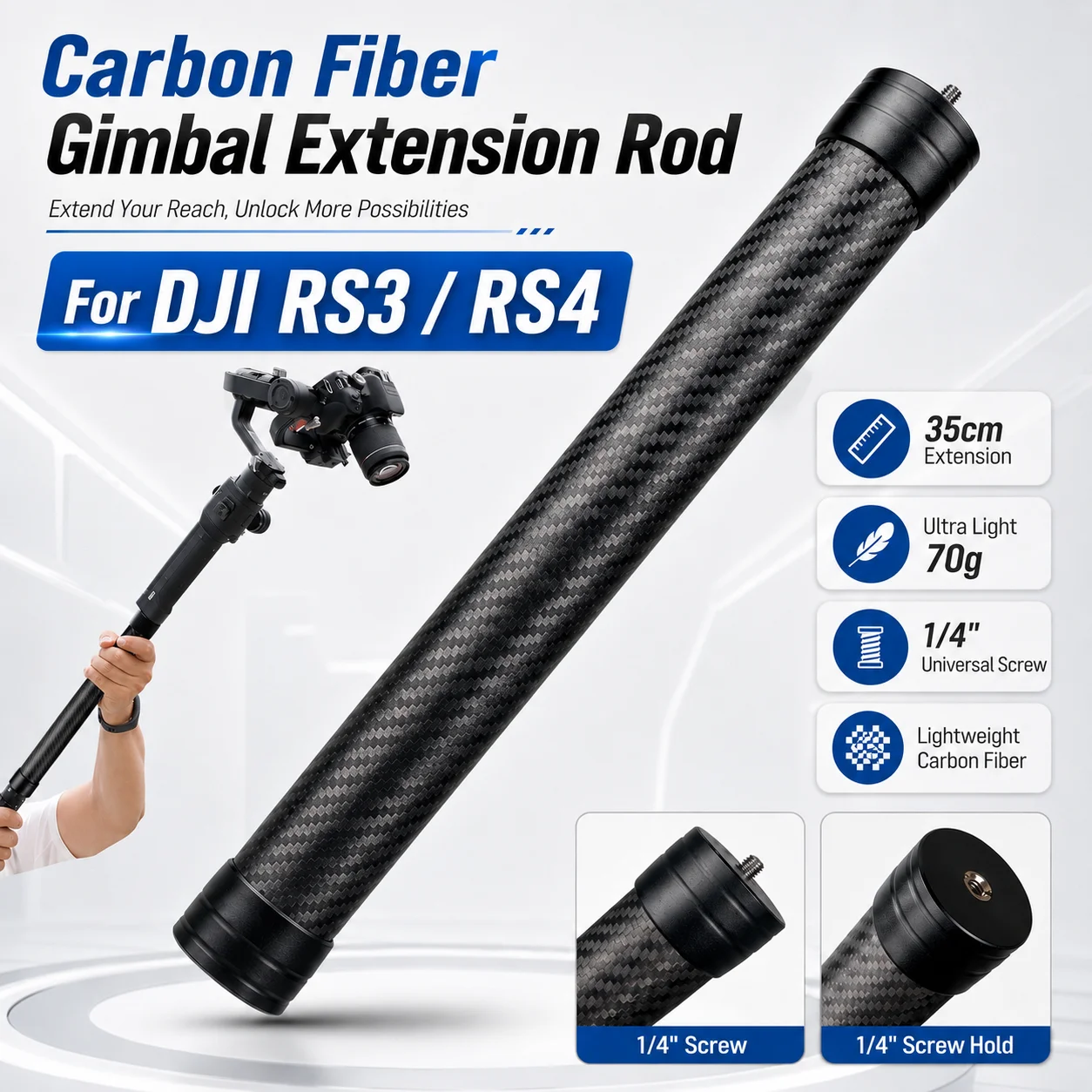 

KE-36 35cm Carbon Fiber Stabilizer Extension Rod For DJI RS3, For DJI RS4 Stabilizer 1/4 inch Screw Mount Extension Handle