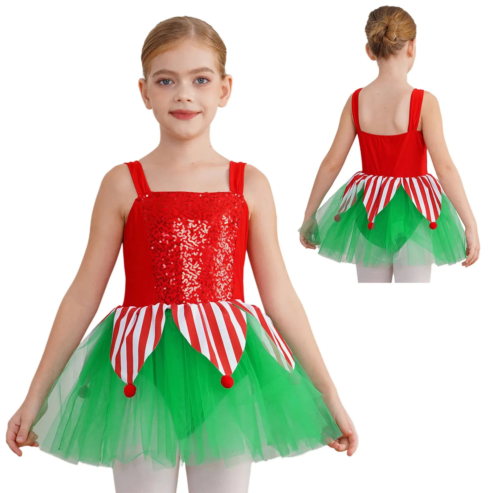 

Girls Christmas Dance Skirt Candy Cane Striped Sequins Gymnastic Leotard Dress Shiny Ballet Figure Skating Performance Costume