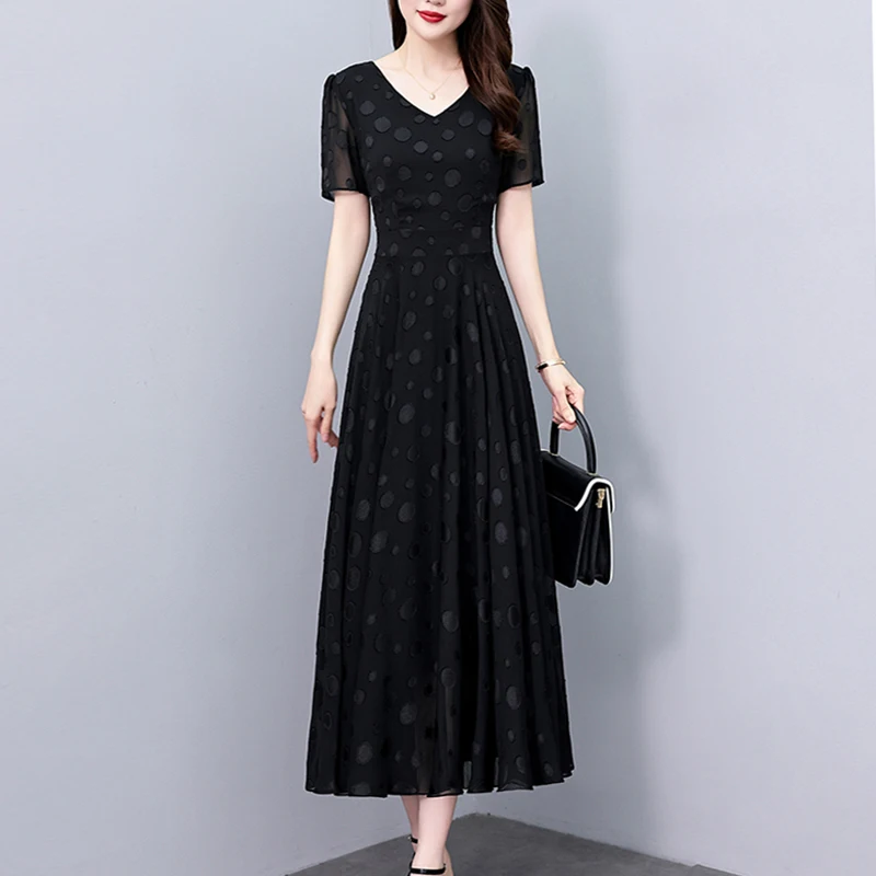 2025 nouveau été Vintage noir robe en mousseline de soie femmes de luxe élégant fête moulante longue robe décontracté Chic bal soirée Midi robes