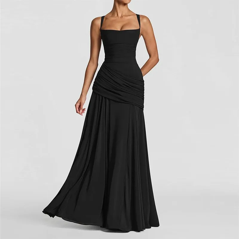 Elegant Party Dress Black Spaghetti Strap V Neck Wedding Guest Dresses Burgundy Ruched Waist Maxi Dress Floor Length Slip Dress