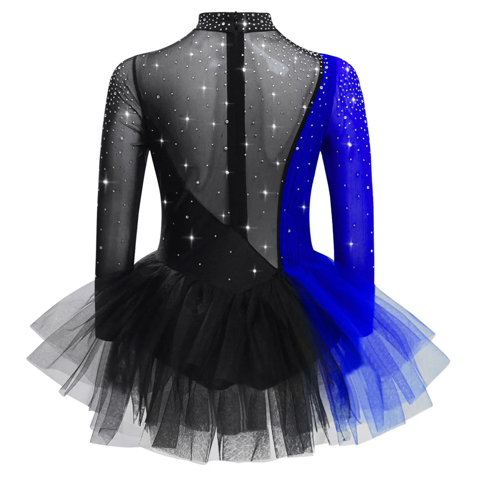 Meninas patinação artística vestido de dança ballet ginástica collant vestido mangas compridas strass malha tule vestido trajes desempenho