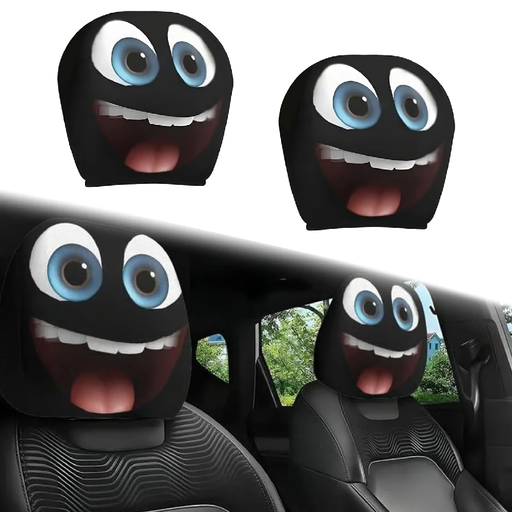 Cute Funny Big-Eyed GrinCartoon Car Headrest Covers 2PCS,Elastic Durable Easy Install Auto Decor Gift for Halloween All Vehicles