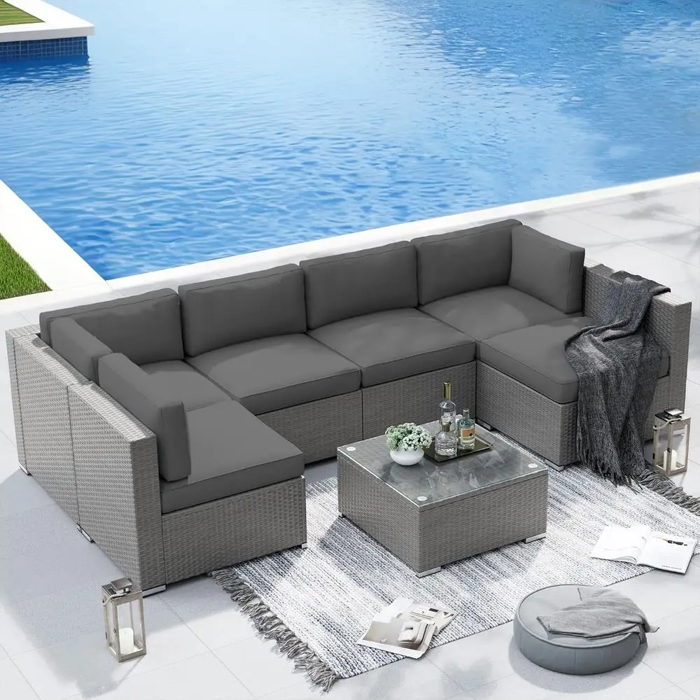 

7-Piece Outdoor Patio urniture t All-Weater Outdoor ctional Soa Grey Wicker Contion Soa t witCoee Tale and Cusions,Dark Grey