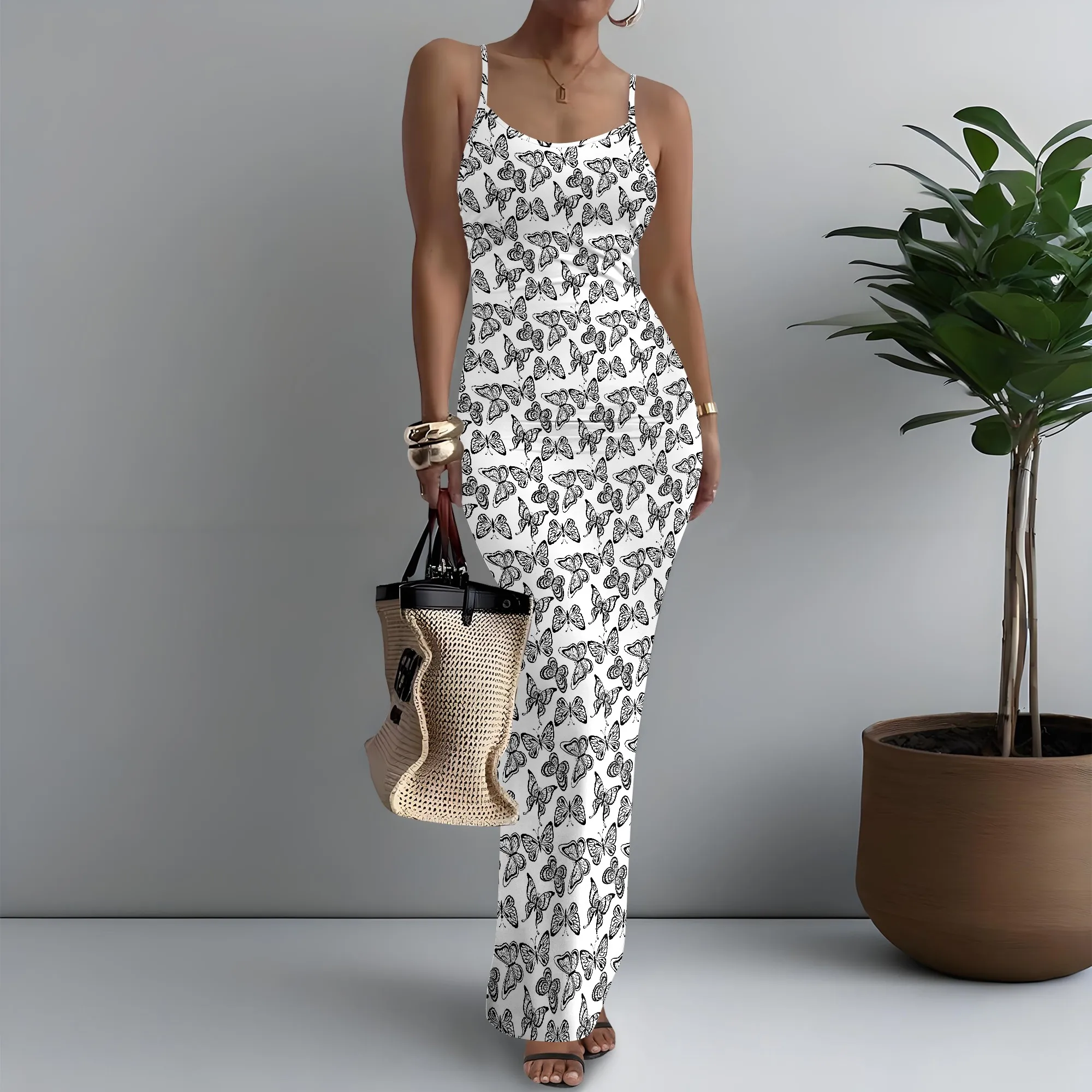 

Women's Spaghetti Strap Maxi Dress Ethereal Butterfly Print Elastic XS-3XL