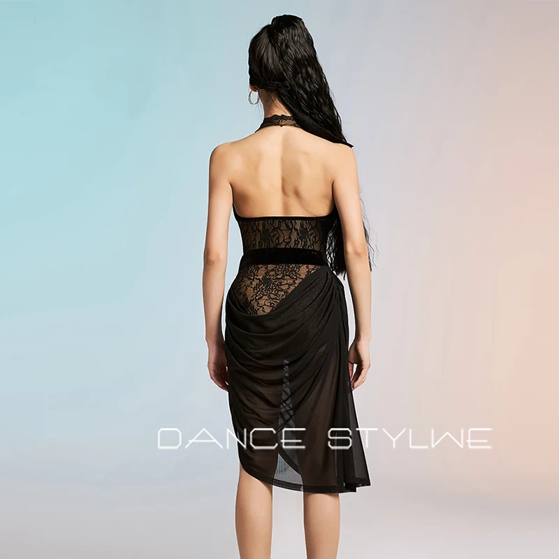 섹시한 라틴 댄스 의상 여성 홀터 레이스 바디수트 메쉬 스커트 탱고 룸바 공연 의상 라틴 트레이닝 의류 VBH2102