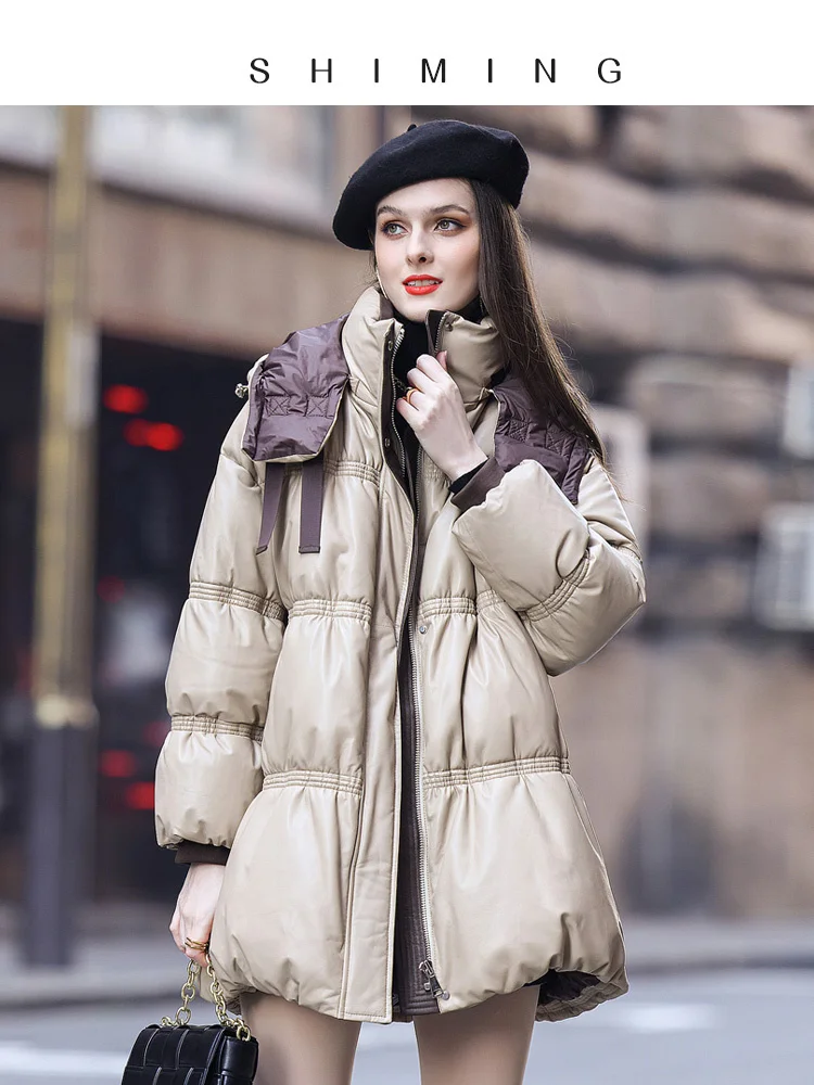 

Genuine Leather Down Suit for Women's Heavy Industry Cow Tendon Laminated Sheepskin Warm Leather Coat Medium Long Hooded