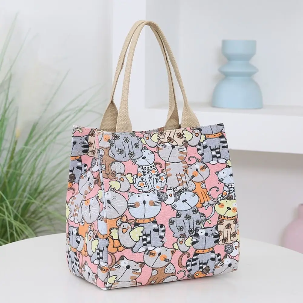 

Cute Cat Pattern Cartoon Lunch Bags Storage Bag Large Capacity Portable Mommy Bag Phone Pockets Canvas Handbag Women