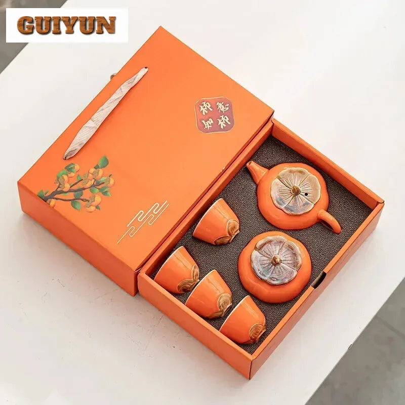 6-piece Set Creative Orange Shape Tea Gift Box Ceramics Teacup Chinese Kung Fu Festival Gifts for Friend Teacher Teaset Designer