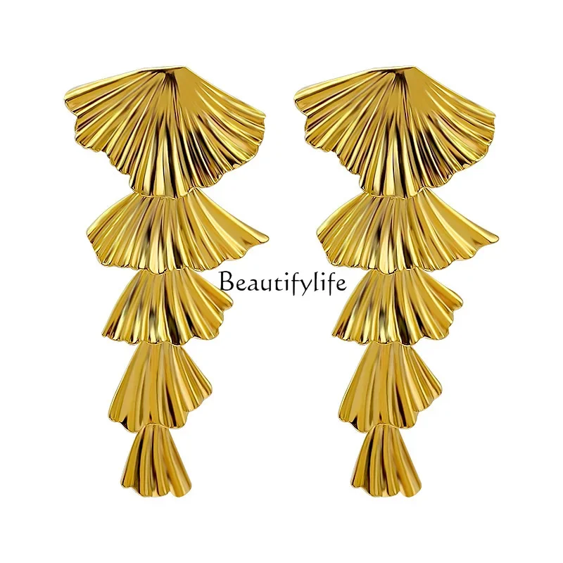 European and American exaggerated ginkgo biloba fringed earrings fashion light luxury high temperament earrings women