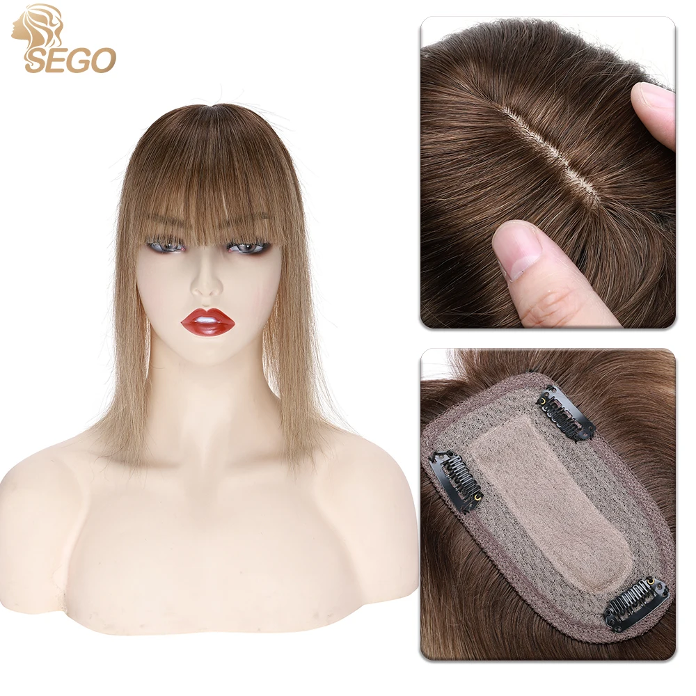 SEGO 7x13cm Topper Hair Piece with Bangs 100% Real Remy Human Hair Topper for Women with Thin Hair Natural Brown Hairpieces