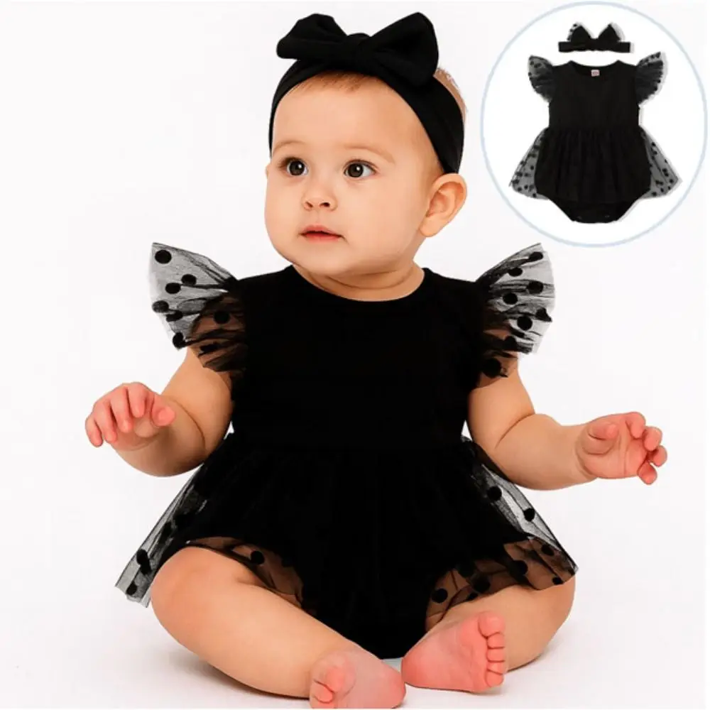 

Elegant Cotton Baby Girl Princess Dress Lace Mesh Bubble Baby Girl Bodysuit Bowknot Short Sleeve Infant Dress with Headband Kids