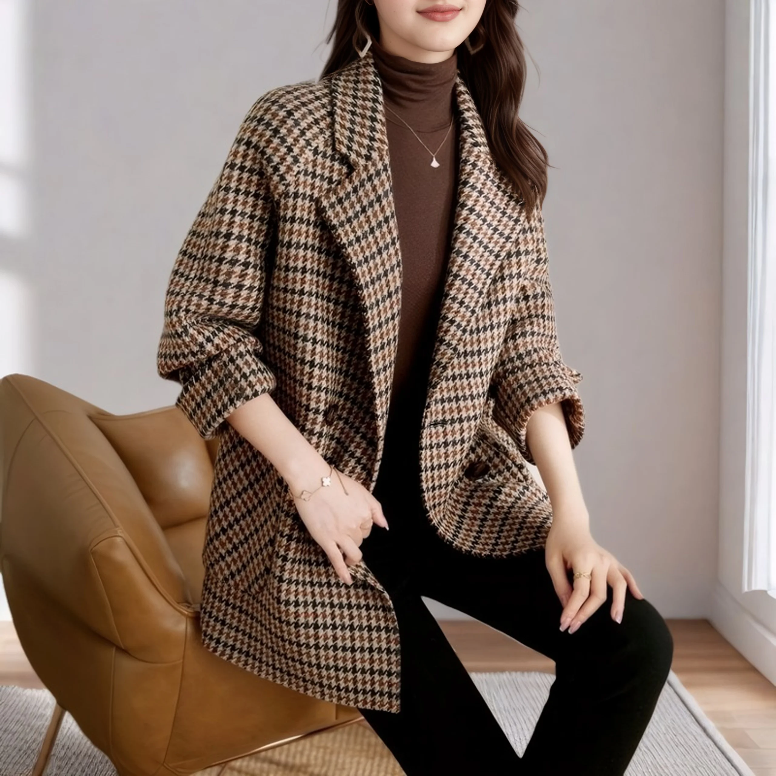 

Женский твидовый костюм, пальто с воротником, осень-зима, моя, высококачественная верхняя одежда средней длины, длинное волокно из полиэстера