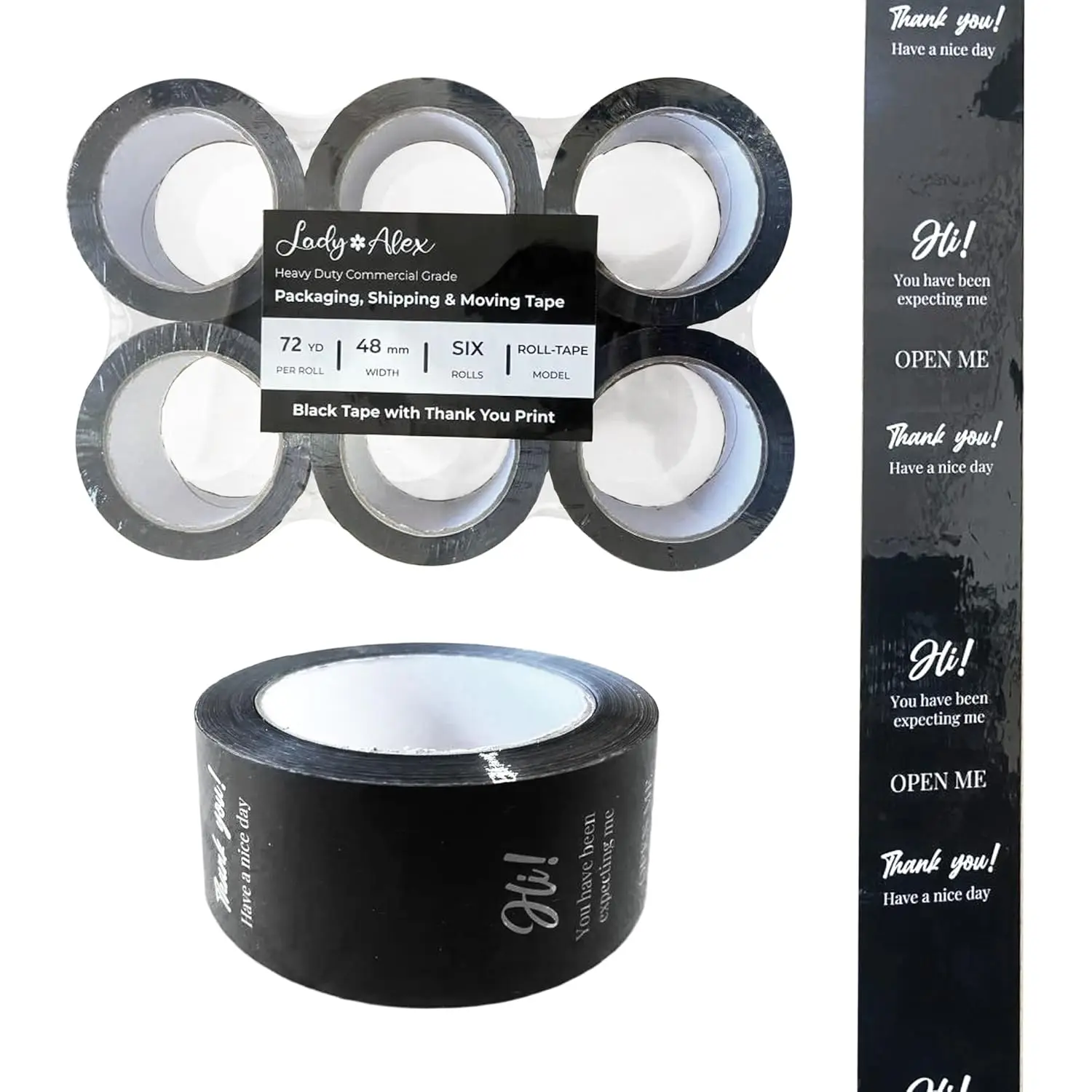 

Packing Tape with Thank You Printing Pack of 6 Rolls Black Tape with White Words Packing 1.88” x 72 Yards Heavy Safety