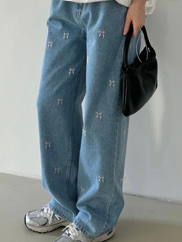

Adjustable Waist Knot Straight Leg Jeans Women's Casual High Waist Long Pants Korean Style Fashionable Youthful