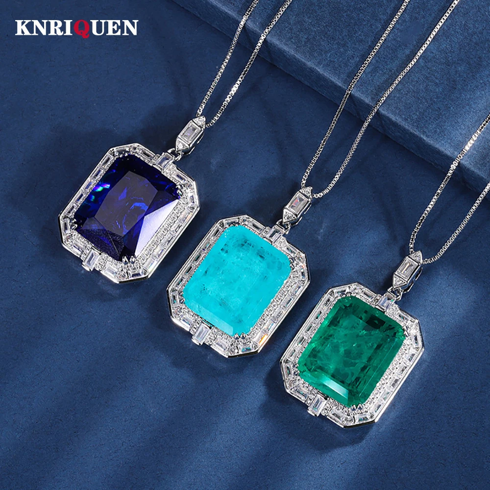 Vintage 16*20mm Emerald Sapphire Paraiba Tourmaline Pendant Necklace for Women Gemstone Lab Diamond Cocktail Party Fine Jewelry