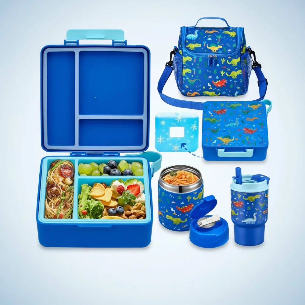 

Dinosaur Kids Bento Lunch Box Set with 17oz Soup Thermo, Leak-Proof Container & Insulated Bag for School