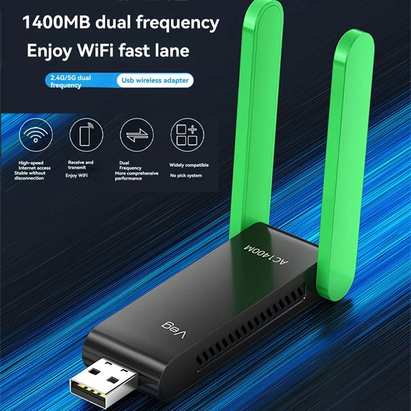 Dual Band Wifi Wireless Network Card 5.0 Adapter  1400M Wireless USB3.0 Network Card Antenna  For PC/Laptop Win10