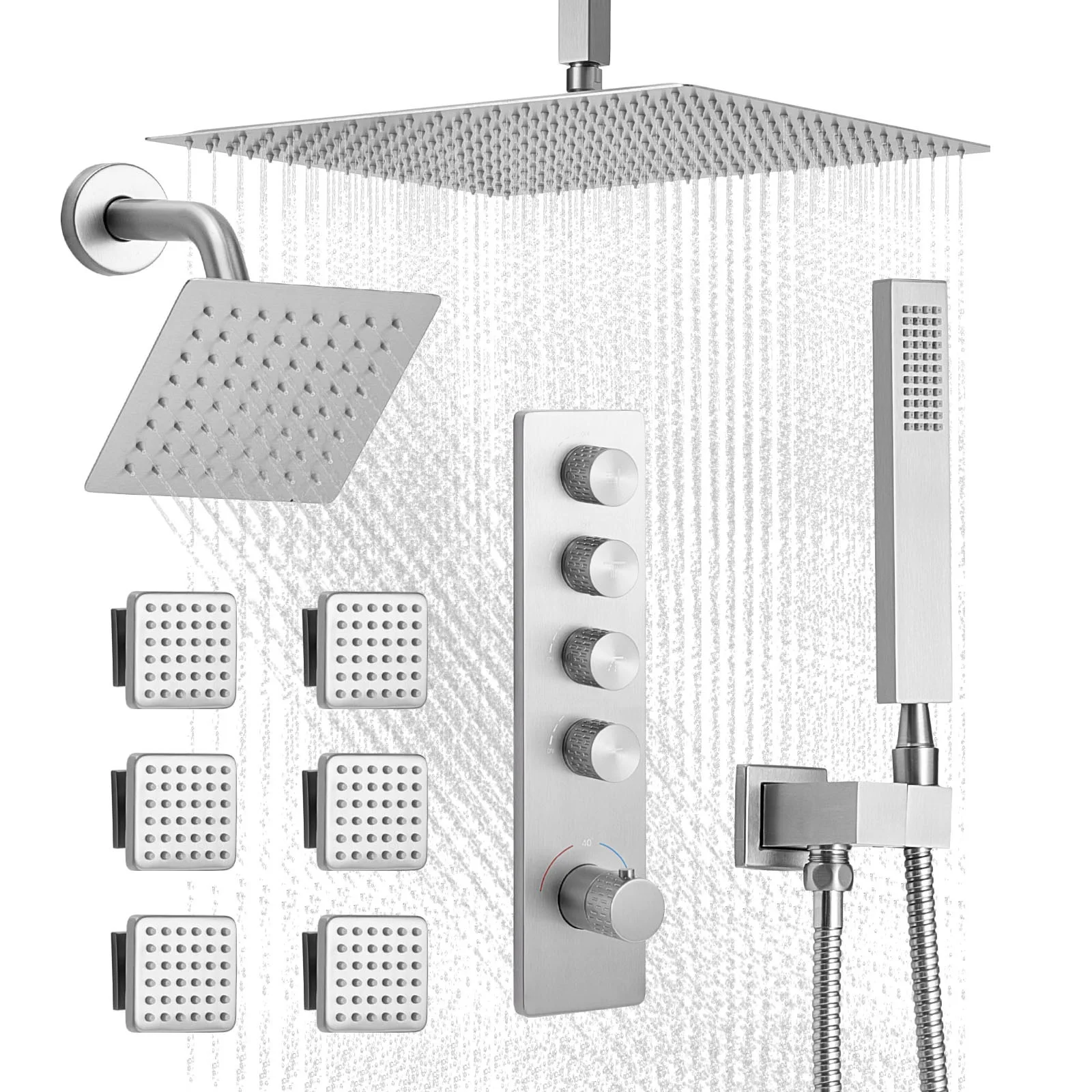 

SucceBuy 16 Inch Shower Faucet Set with 6Inch Wall Mount Head 6 Body Jets and Handheld Spray Dual Rain Head Brass Valve Trim Kit
