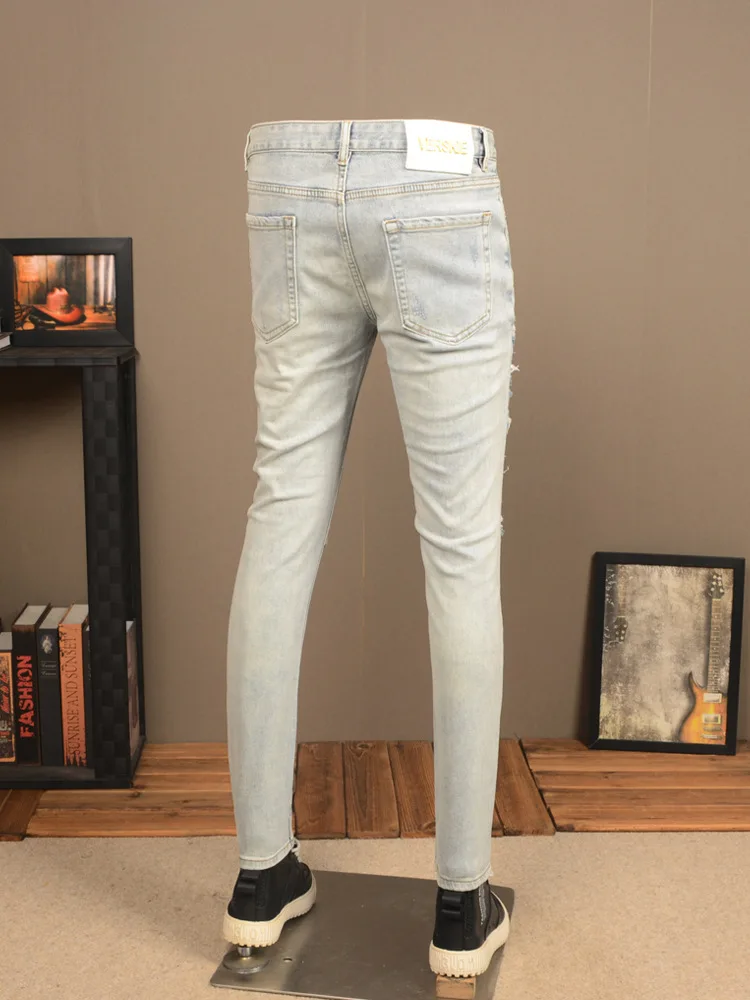 Light Color Hole Jeans Men's Motorcycle Fashion Scrape Design Stretch Slim Fit Skinny Patch Washed Distressed Men's Pants