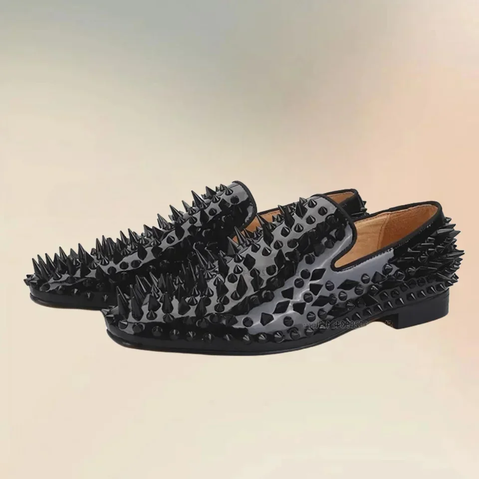 

Multi Shapes of Spikes Black Patent Leather Loafers Fashion Slip On Men Shoes Handmade Banquet Party Plus Size Men Dress Shoes