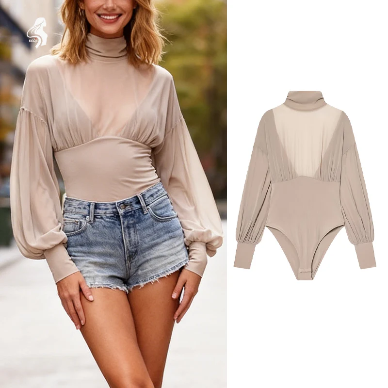 

Niche Design Nude Jumpsuit With High Neck Lantern Sleeves And Open Back Slim Fit Base Shirt For Sophisticated Party Outfits