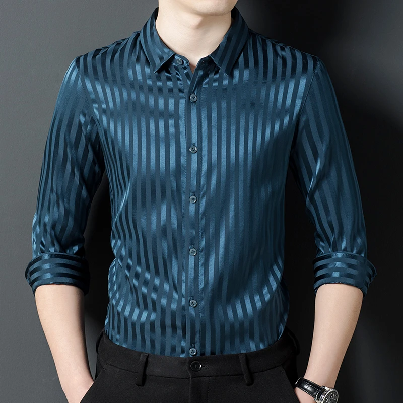 Mulberry Silk Thin Boutique Men Shirt Long Sleeve Striped Casual Spring Quality Soft Comfortable All Match Premium Chemise Homme