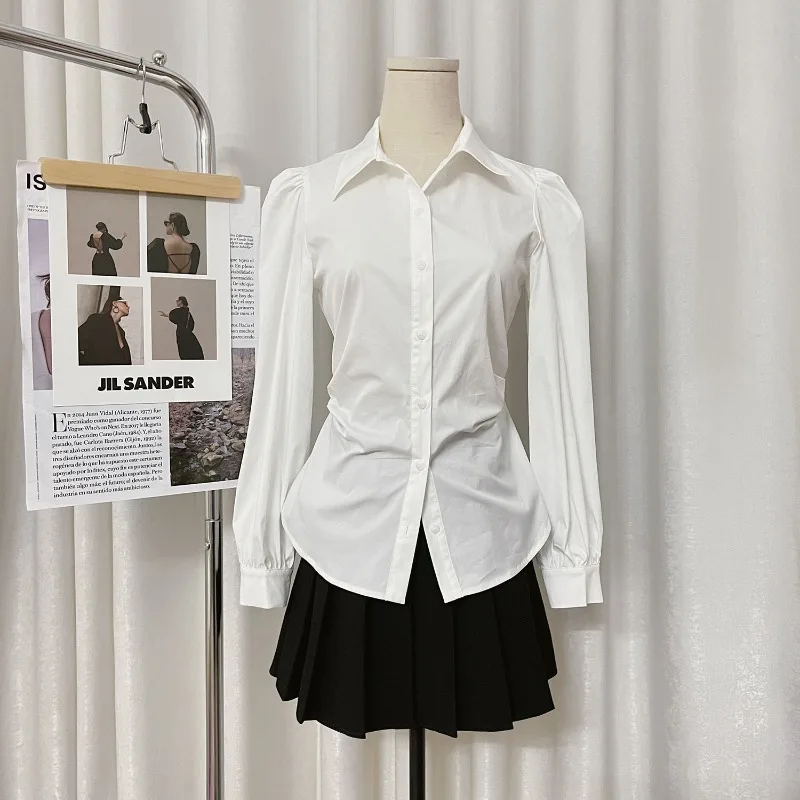 

All Macth Autumn Fashion Commuter Base Blouse Turn Down Collar Long Sleeve Buttons T Shirts Y2k Slim Waist Draped Top Clothes