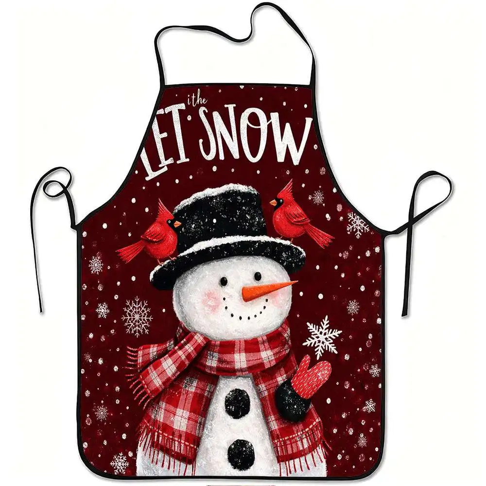 1pc Snowman Apron with Red Cardinals Design, Sturdy And Easy to Clean, Adjustable Waist, Made of Polyester
