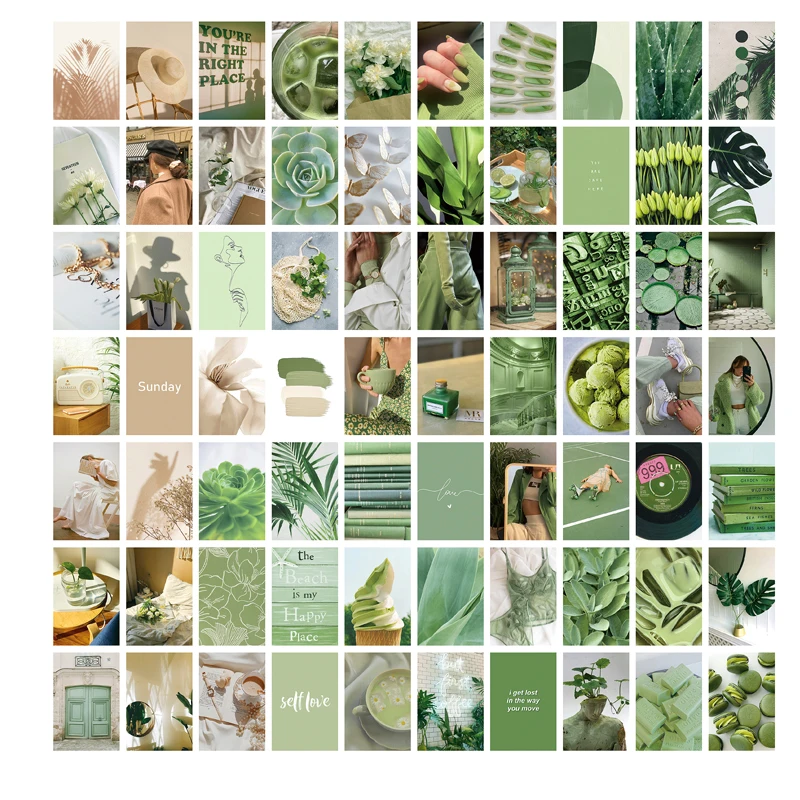 70pcs Green Matcha Aesthetic Wall Collage Kit,Green Wall Art Poster Cards Dorm Bedroom Room Decoration,Energetic Postcards Set