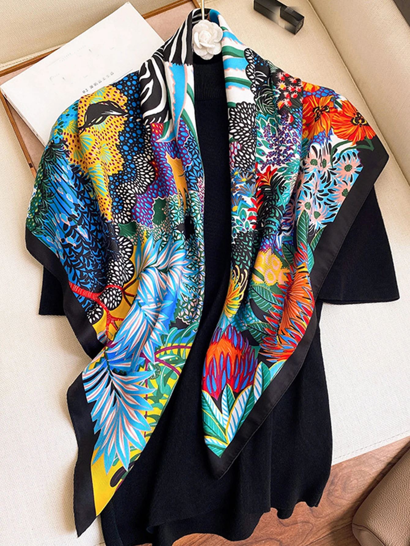 

Luxury Brand Square Silk Scarf Women Satin Print Hijab Scarves Muslim Pareo Bandana Female Shawl Wrap Headband Foulard 90*90cm