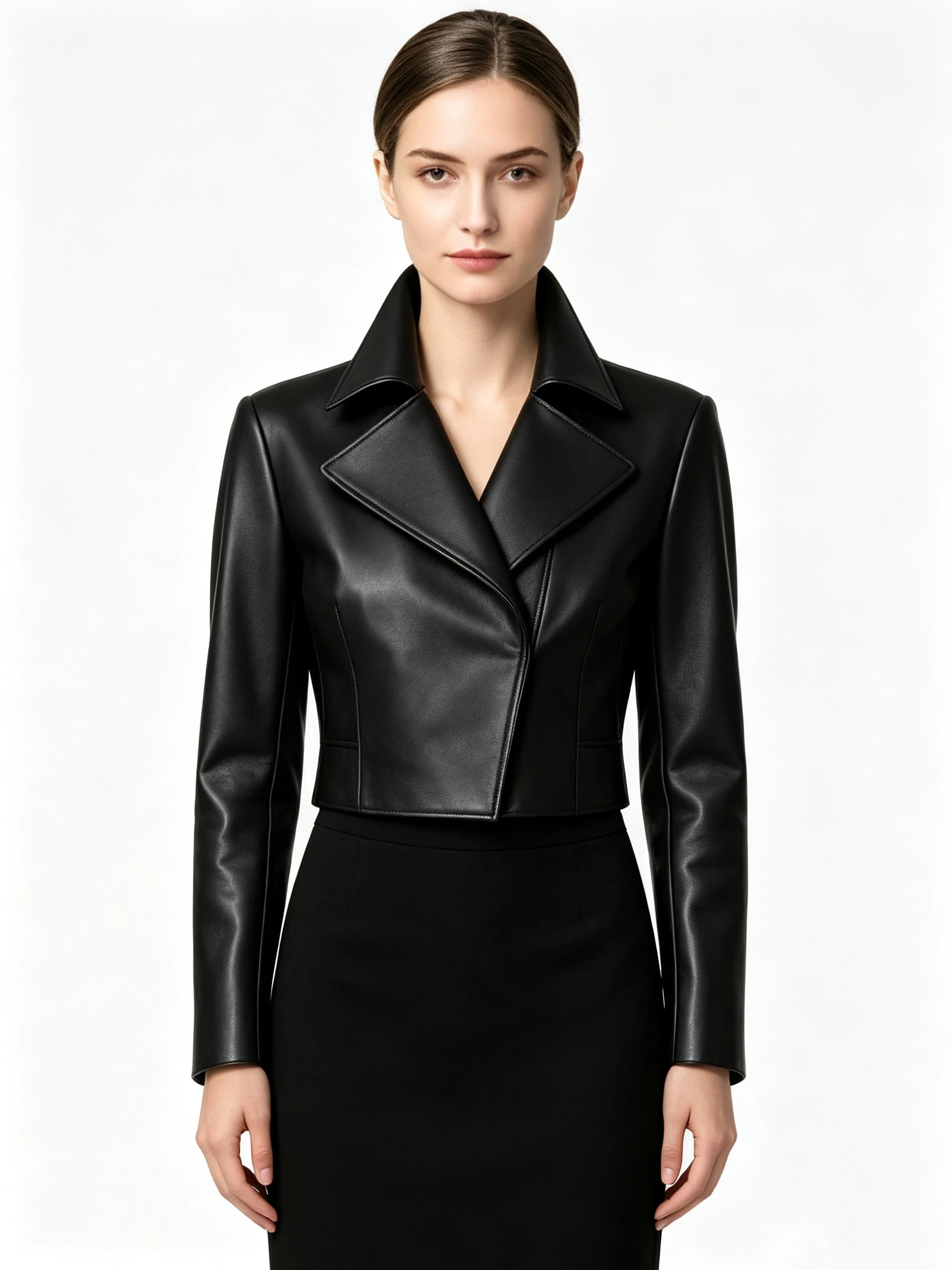 Women's Cropped Faux Leather Jacket with Asymmetric Zip and Wide Lapel