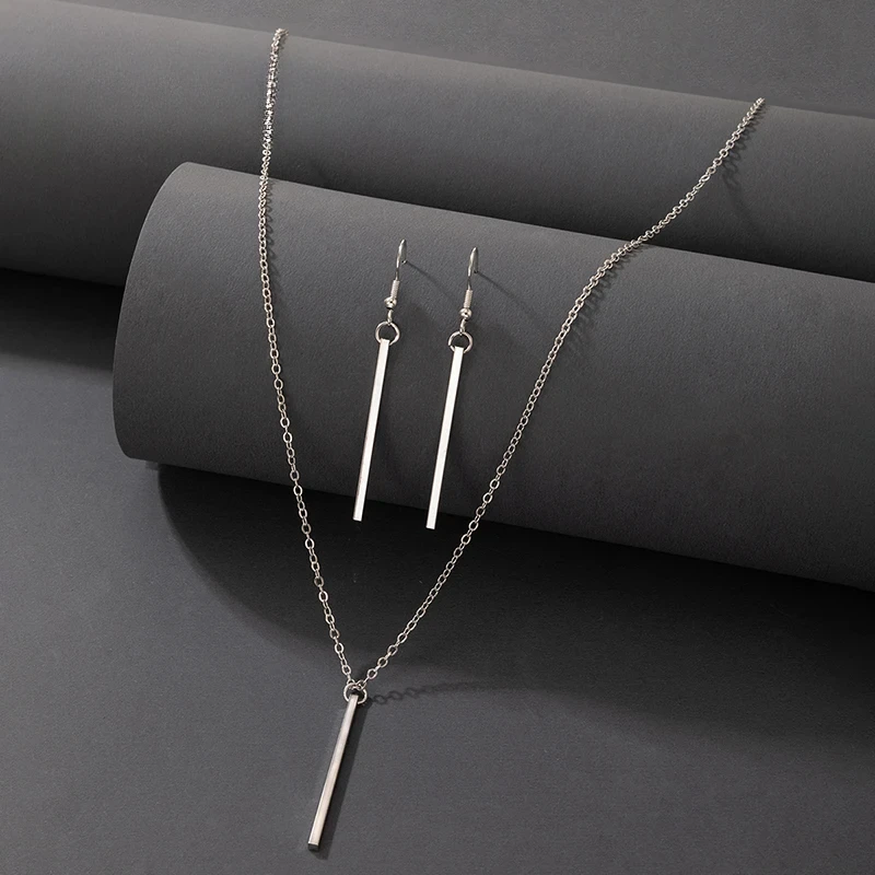 Elegant Gold Stick Jewelry Sets for Women Pendant Necklace Drop Earring Simlpe Adjustable Geometry Wedding Jewelry