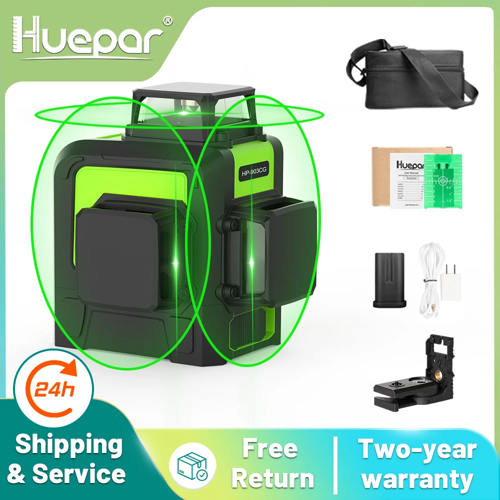 Huepar Laser Cross Line 3D 12 garis, alat Laser Cross Line Osram sinar Laser hijau pelevelan sendiri 360 Vertikal Horizontal dengan dasar