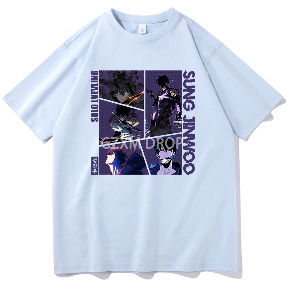 Solo Leveling Anime Sung Jinwoo Comic T-shirt O-Neck Short Sleeve Shirts Fans Gift