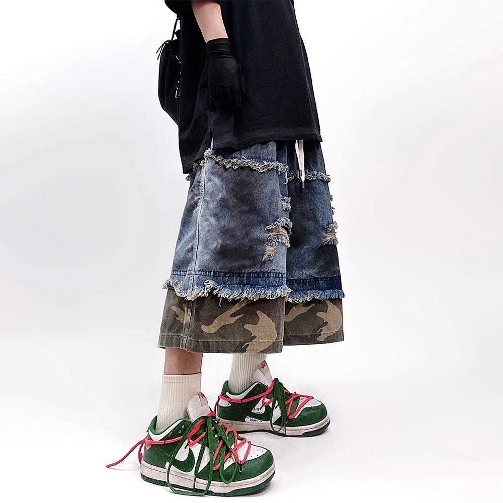 Camouflage Splicing Denim Shorts Mens Streetwear Hip Hop Ripped Hole Knee Length Pants Harajuku Vintage Baggy Casual Short Male