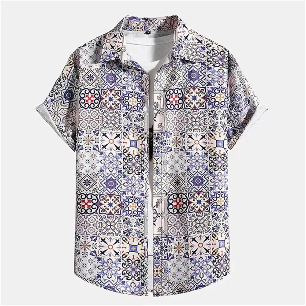 Vintage Bohemian Tribal Abstract Pattern Shirt, Niche Personality, Slimming Men's Short Sleeved Top