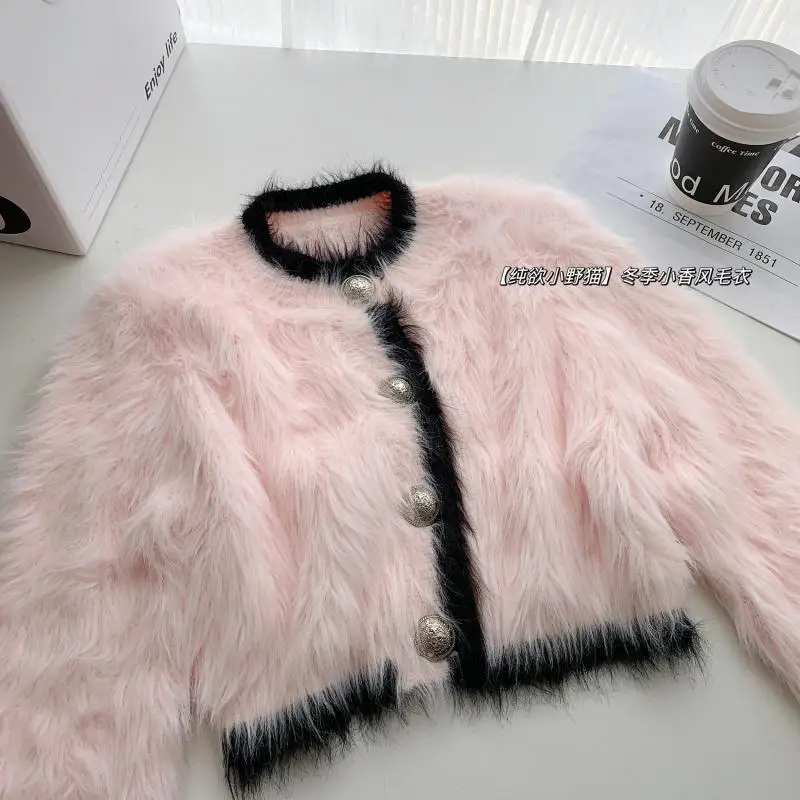 Imitation Mink Cardigan Sweater for Women New Short Knitted Sweater Long-sleeved Top