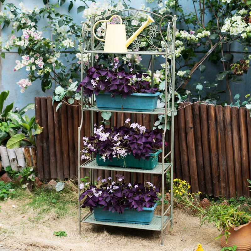 Balcony, succulent flower rack, flower table, floor to floor iron art, American style countryside, retro, movable storage rack,