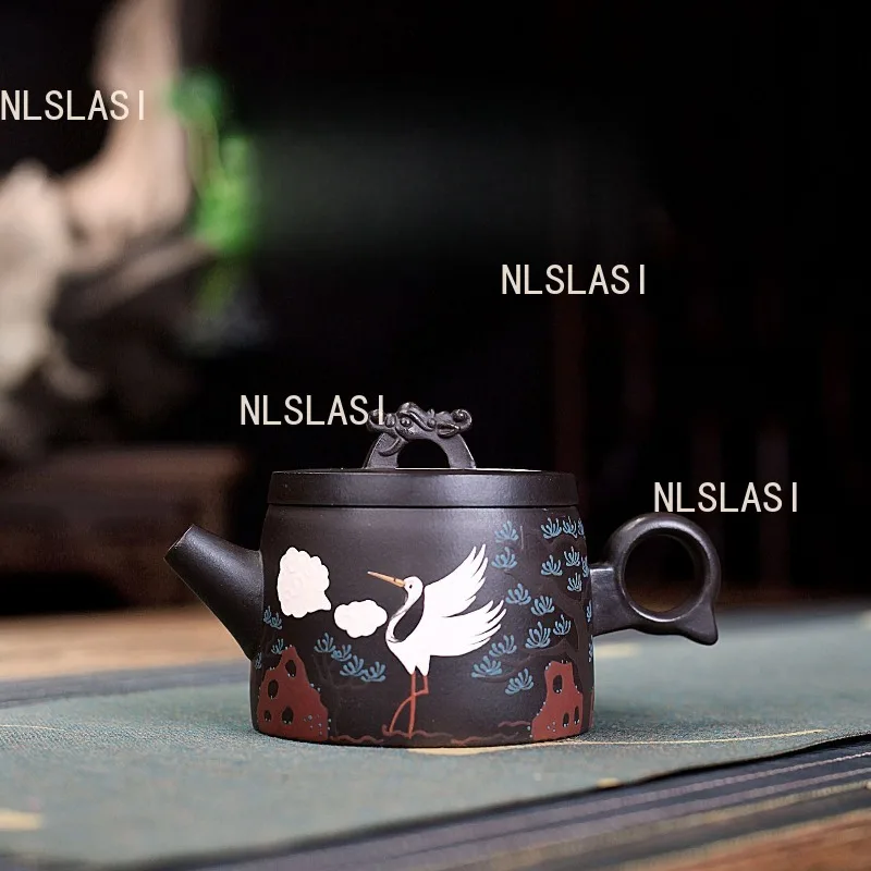 190ml Earthenware Pot of Yixing Black Mud Pine Crane Yannian Teapot Chinese Handmade Teapot for Home Use Large Capacity Teapot