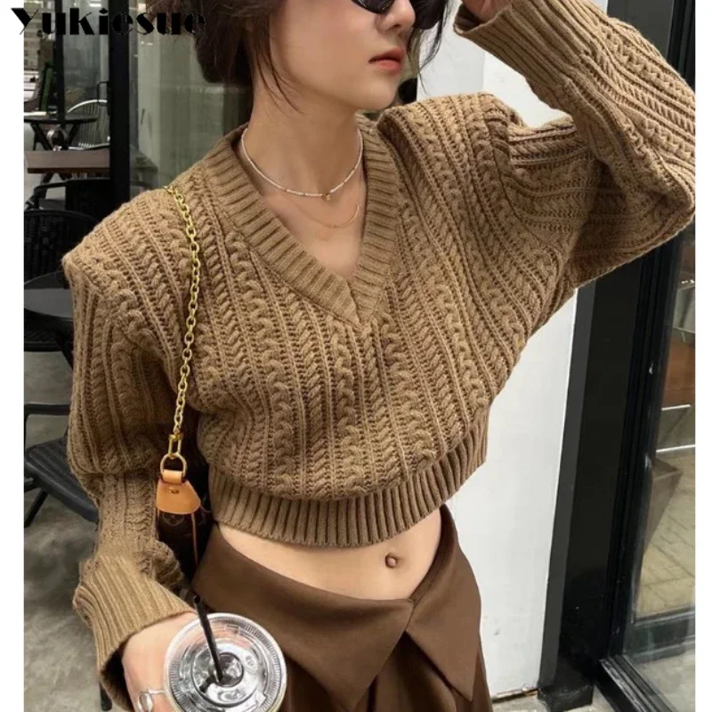 

Korean Women Cropped Sweater Loose Casual Pullover Shoulder Padded Twist Sweaters Autumn Long Sleeve Tops Fashion V-Neck Knitted