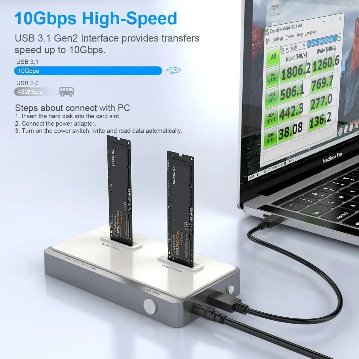 Imagem -02 - Dual-bay Nvme Docking Station sem Ferramentas Clone Offline Duplicador para m2 Ssd m Key Ssd Suporte para Gabinete de Disco Rígido Externo M.2