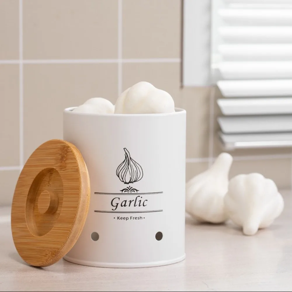 Carbon Steel Potato Onion Garlic Storage Jar with Lid Cylindrical Garlic Storage Bin White Ventilation Holes view 4