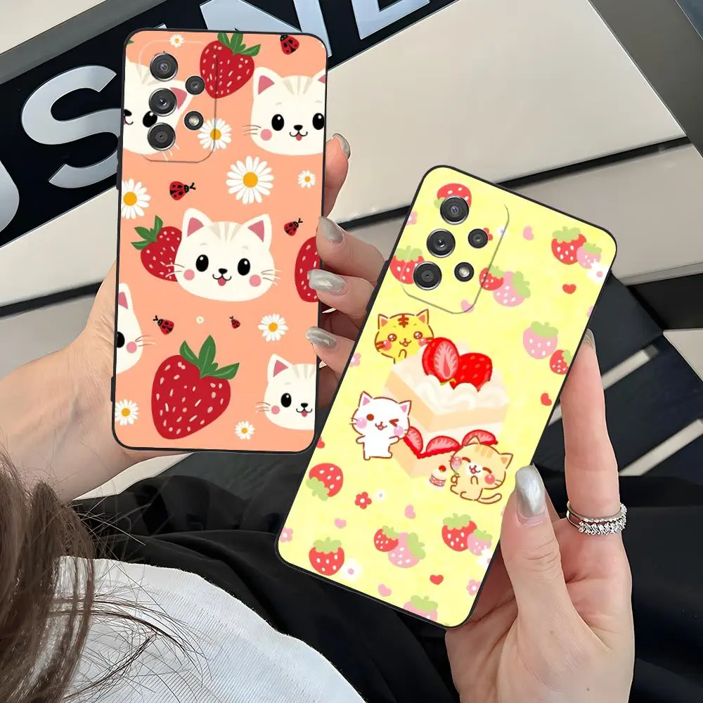 Cat Kitten Strawberry Mobile Phone Case for Samsung Galaxy A56 55 54 53 52 51 36 35 34 23 16 15 5G Colorful Cover Pretty Luxury
