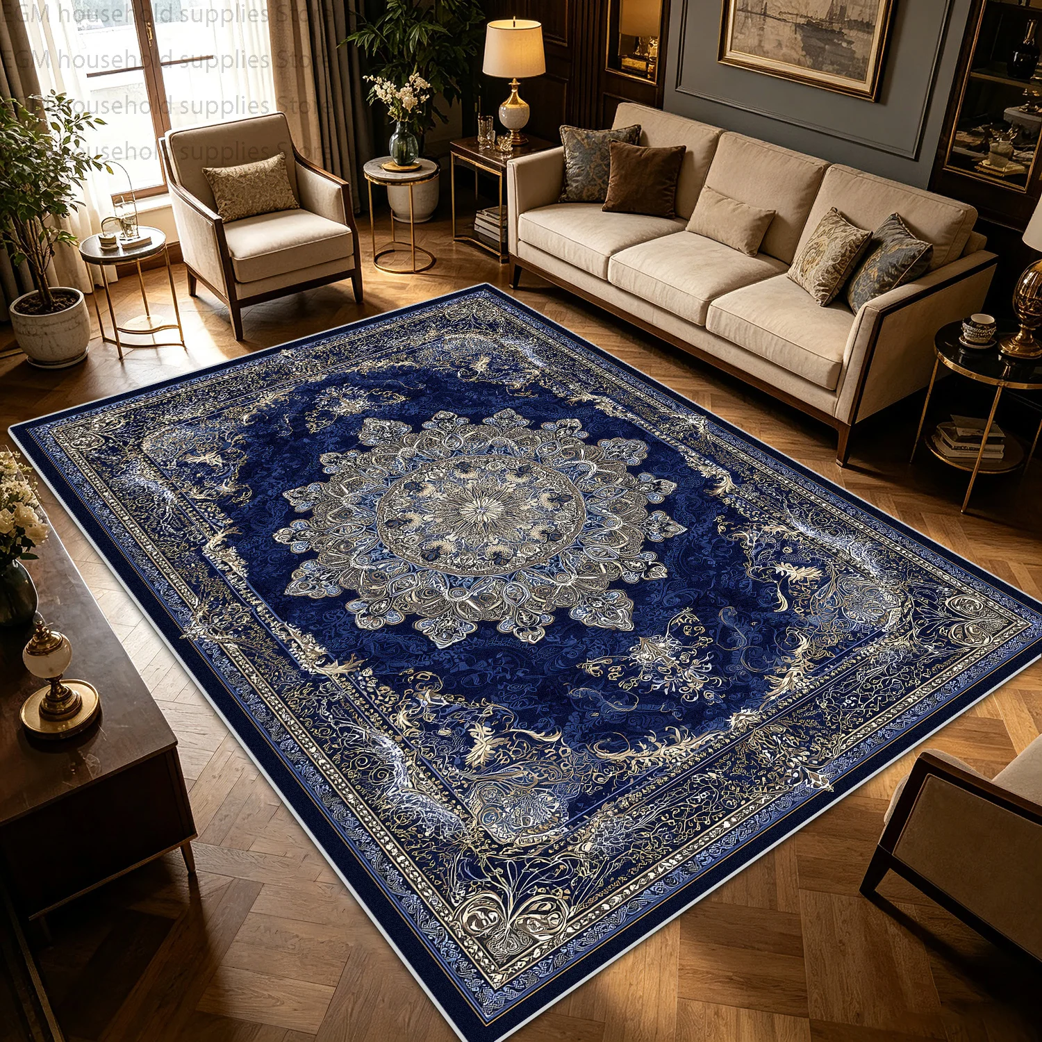 Retro Persian Blue Gold Carpet Living Room Luxury Home Decor Sofa Coffee Table Rug Fluffy Non-slip Washable Bedroom Floor Mats