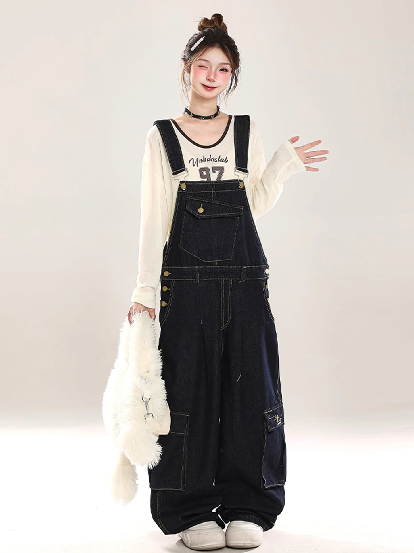 プラスサイズの女性の韓国スレデニムオーバーオールカーキ作業服パンツハイウエストストレートレッグ快適な通気性のある綿ブレンド