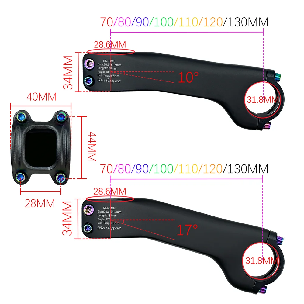 BALUGOE Carbon Fiber Internal Wiring Road Bike Mountain Bike Stem 28.6-31.8MM Riser With Washer -10 º -17 º Riding Accessories