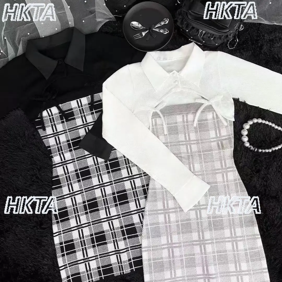 الخريف خمر قميص طوق المرقعة الجوف منقوشة سليم صالح Bodycon محبوك فستان اليابانية تمتد سليم فستان بكم طويل المرأة #6