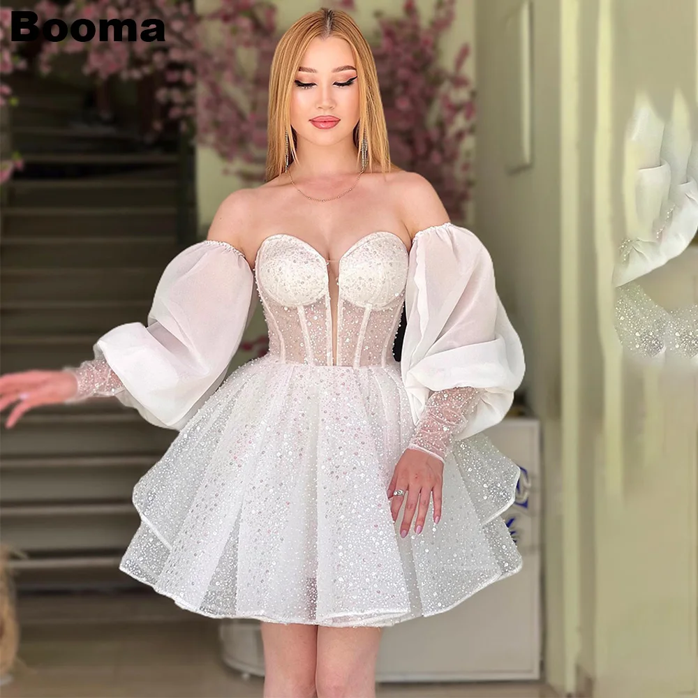 Booma-Mini vestidos de novia con lentejuelas para mujer, vestidos de baile con mangas abullonadas, vestidos cortos de fiesta de boda para mujer, vestidos de cóctel 2023